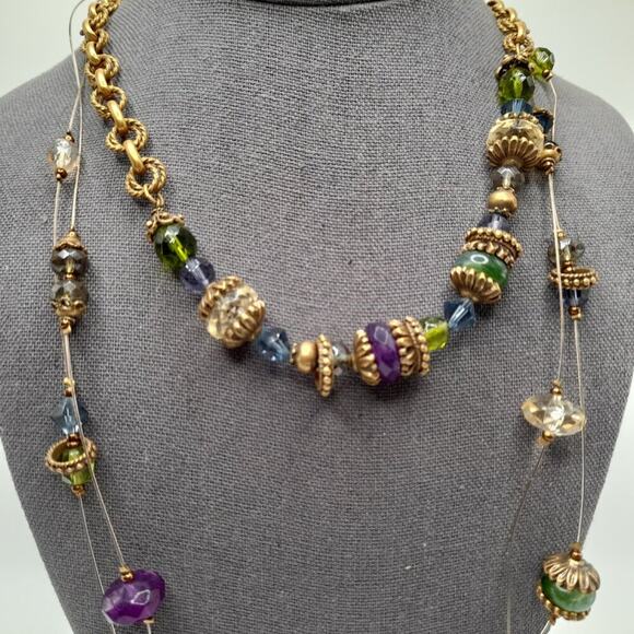 Chico's Three Strand Rhinestone Layering Necklace, Green Purple Beads, 19 Inches - Picture 3 of 12
